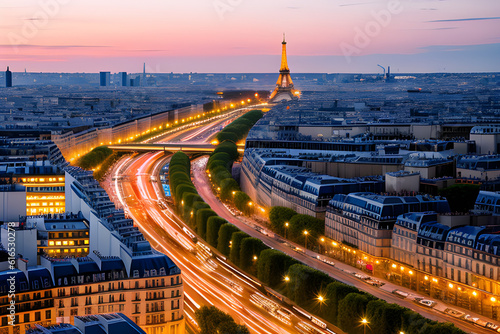 nacht stra  en paris fiktive Stadt gro  stadt urban ballungszentrum hauptstadt verkehr langezitbelcihtung verkehr stau co2 - fiktiv generative ki