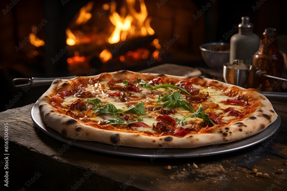 Delicious, freshly-baked handmade pizza from a stunning pizza oven. Flame in the background. Generative AI.