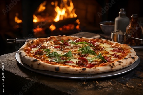 Delicious, freshly-baked handmade pizza from a stunning pizza oven. Flame in the background. Generative AI.