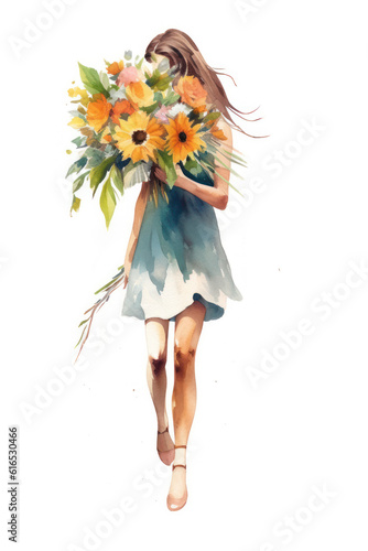 the girl shyly covered her face with a bouquet of flowers on a white background hand-drawn in watercolor. postcard congratulation. Generative AI 