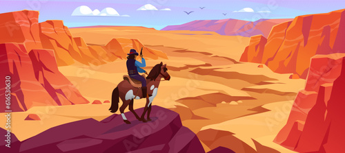 Landscape view of a wild west cowboy on a horse standing on the edge of a mountain in the Grand Canyon with a gun in hand. Background for a Western game with the sheriff. Cartoon vector illustration.