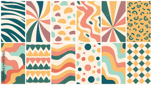 A seamless pattern set in groovy style with swirling and kaleidoscopic designs. Vector collection of vintage patterns for banners, prints, posters or gift wrap with curvy lines and trippy shapes.