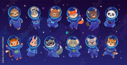 Set of cute animal characters in spacesuits and helmets floating in space: tiger, sloth, bear, panda, cat, fox, koala, dog, raccoon, rabbit, elephant. Collection of cartoon vector cosmonauts.