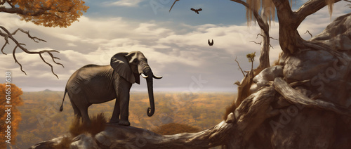 tree stability solitude dream nature concept surreal elephant impossible surrealism. Generative AI. © VICHIZH