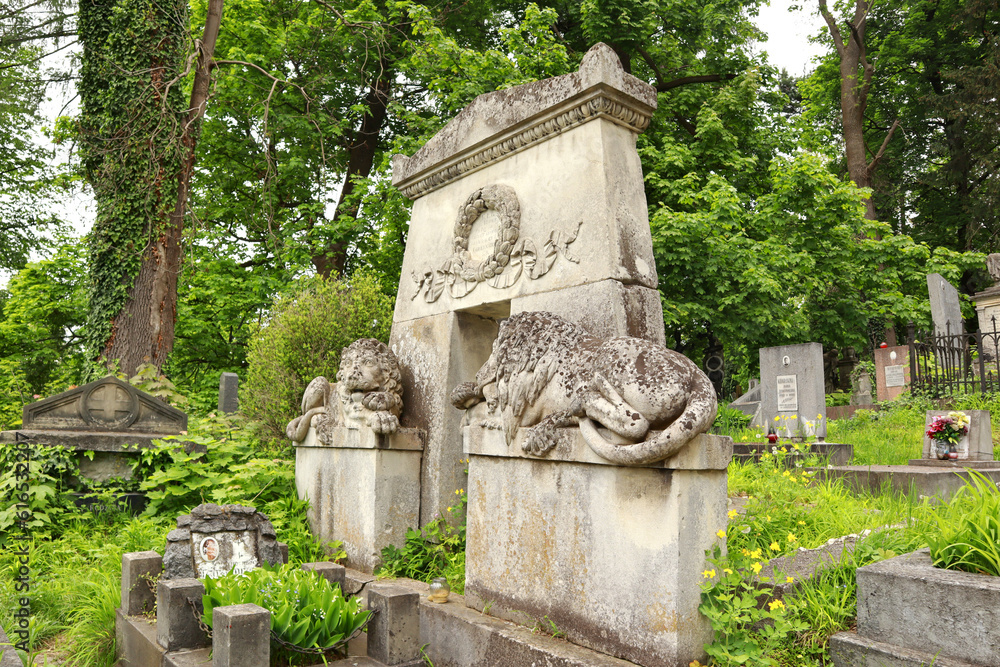 Ancient tombstone at the famous Lychakiv Cemetery in Lviv, Ukraine