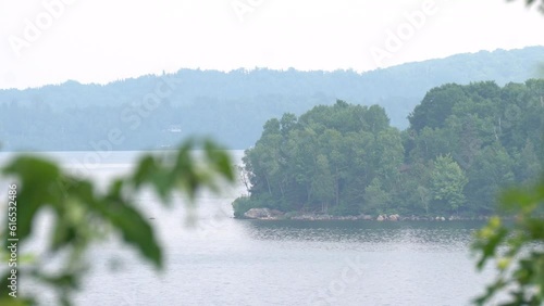 Landscape view of Lake Bernard from High Rock Lookout Park in the Village of Sundridge, Parry Sound - Muskoka Region, Ontario, Canada. The haze is caused by forest fires in northern Ontario and Quebec