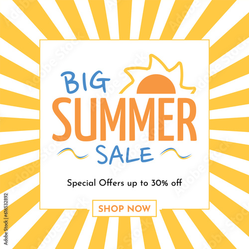 Big Summer Sale Logo in Striped Sunburst Background Yellow and White - Special Offers up to 30  off