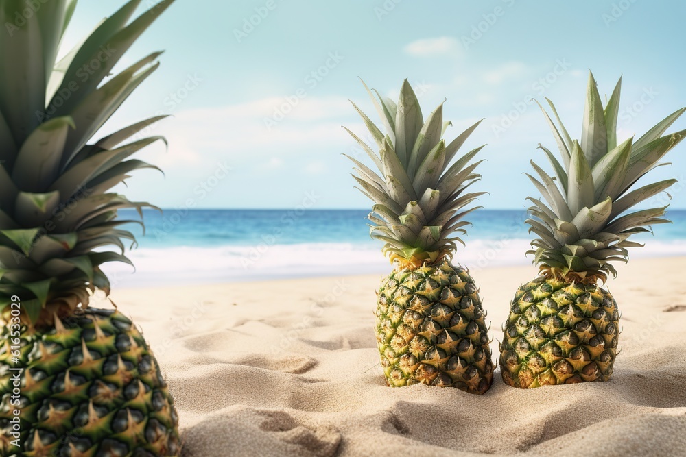 ripe pineapples in the sand on the beach near the ocean. summer concept. generative ai. ripe pineapples in the sand on the beach near the ocean. summer concept. generative ai.