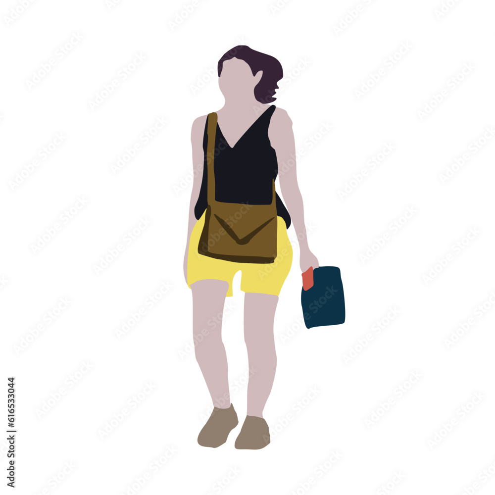 A woman walks down the street in summer clothes. 2D image to use as entourage. Flat city vector infographic. A woman walks down the street in summer clothes. 2D image to use as entourage. Flat city vector infographic.