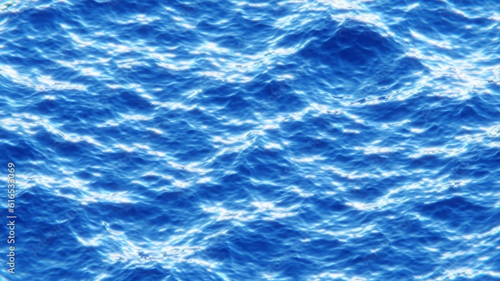 Fototapeta premium Abstract 3D nature background. Calm summer illustration. Ocean waves on sunny day, sun rays reflection on water surface. Anime style gentle waves wallpaper. 4K 3D Computer graphics render