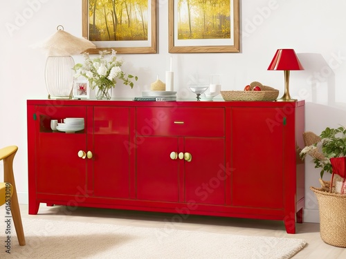 photo wood sideboard in red living room background image