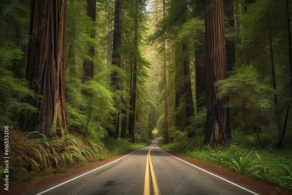 Fototapeta premium a road that goes through an old forest with large trees. generative ai.
