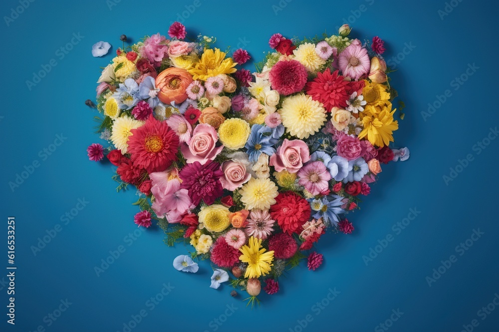 heart made of flowers on a blue background. Valentine's day concept. romance. love. generative ai. heart made of flowers on a blue background. Valentine's day concept. romance. love. generative ai.