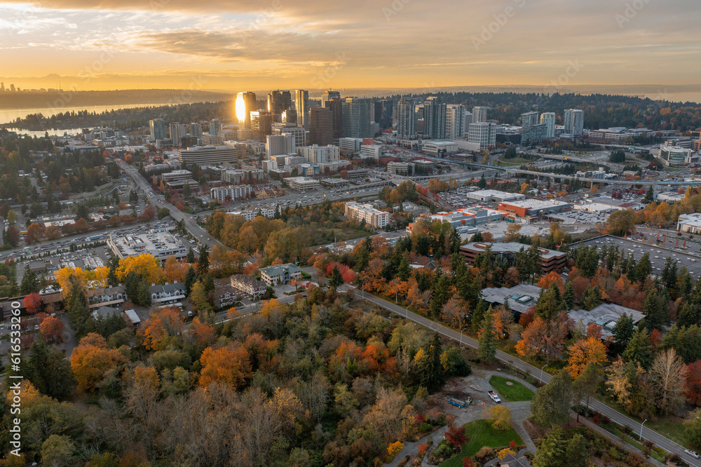 The city of Bellevue Washington during a sunset in Autumn