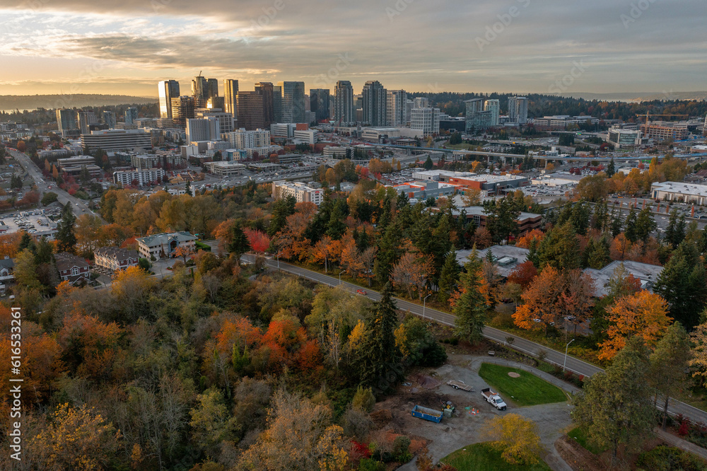 Fototapeta premium The city of Bellevue Washington during a sunset in Autumn