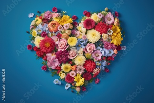 heart made of flowers on a blue background. Valentine's day concept. romance. love. generative ai.