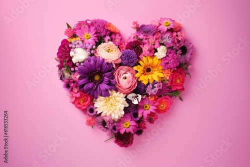heart made of flowers on a pink background. Valentine's day concept. romance. love. generative ai.