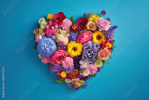 heart made of flowers on a blue background. Valentine's day concept. romance. love. generative ai.