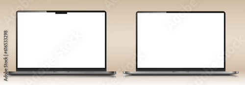 Two laptops with white screens on a beige gradient background. A set of realistic laptop layouts in a silver thin metal case with reflection. Vector illustration.