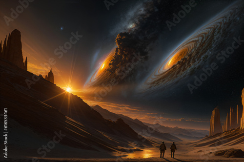 illustrative photo of astronauts on a planet at sunset and galaxies seen in the sky made by AI