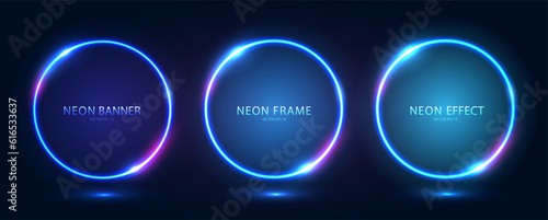A set of three round neon frames with shining effects and highlights on a dark blue background. Futuristic sci-fi modern neon glowing banners. Vector EPS 10.