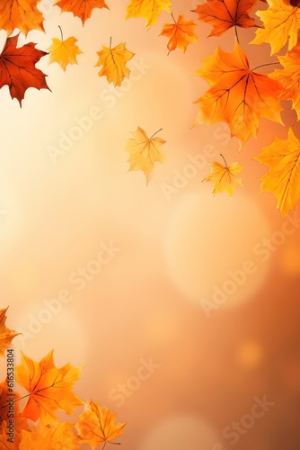 Falling fall maple leaves on autumn background. Seasonal banner with autumn foliage. Copy space. Generative AI.