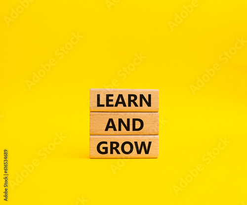 Learn and grow symbol. Concept words Learn and grow on wooden blocks. Beautiful yellow background. Business and Learn and grow concept. Copy space.