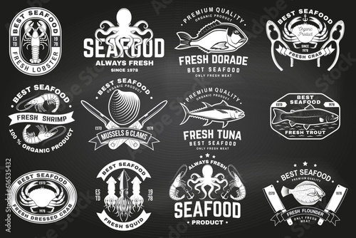 Set of best seafood badges. Fresh tuna, octopus, trout, shrimp, dressed crab, mussels and clams. Vector. For seafood emblem, sign, patch, shirt, menu restaurants with tuna, trout, shrimp, octopus