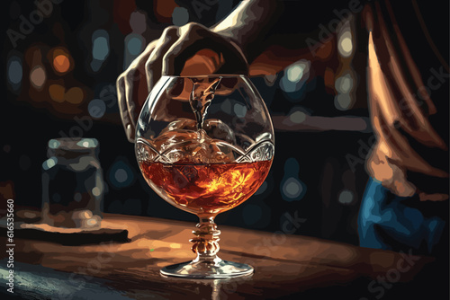 The bartender pours the cognac or brandy in big wine 
