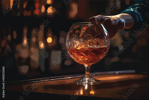 The bartender pours the cognac or brandy in big wine 