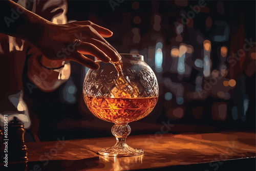 The bartender pours the cognac or brandy in big wine 