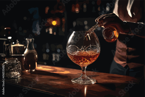 The bartender pours the cognac or brandy in big wine 