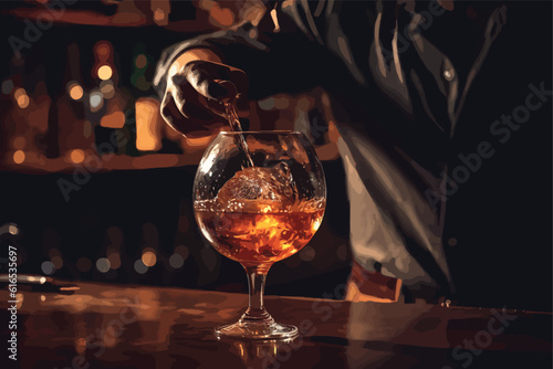 The bartender pours the cognac or brandy in big wine 