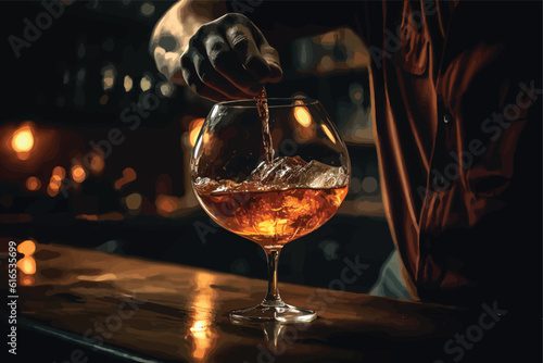 The bartender pours the cognac or brandy in big wine 