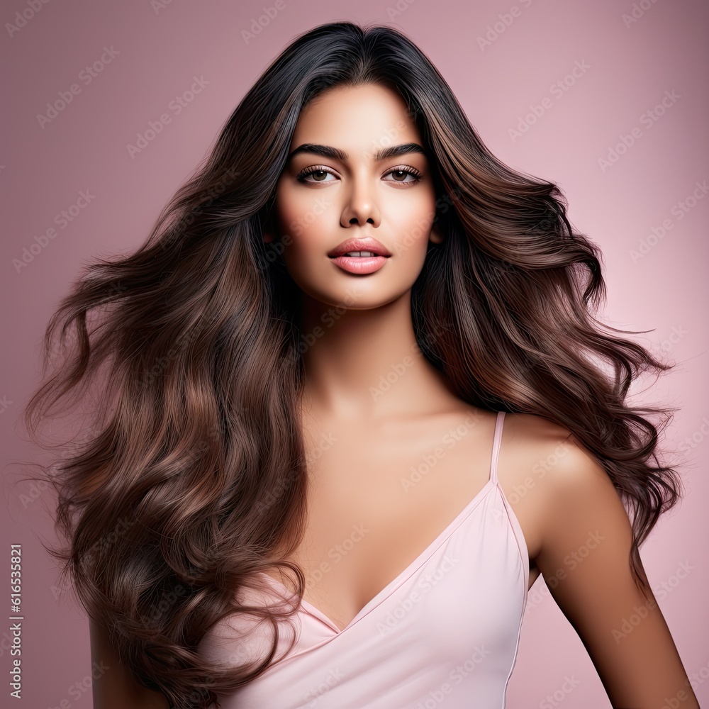 Indian female model photoshoot in hair commercial pink background generative ai Indian female model photoshoot in hair commercial pink background generative ai