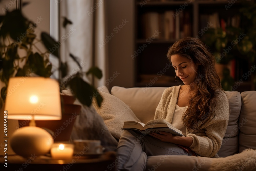 A fictional young woman enjoying the reading of a book on a couch in a cozy apartment. Generative AI illustration. A fictional young woman enjoying the reading of a book on a couch in a cozy apartment. Generative AI illustration.