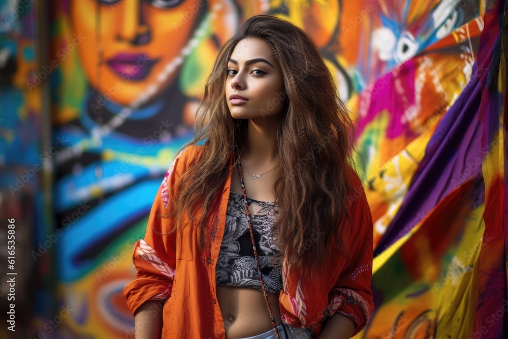 Indian young woman in front of a wall of graphite generative ai Indian young woman in front of a wall of graphite generative ai
