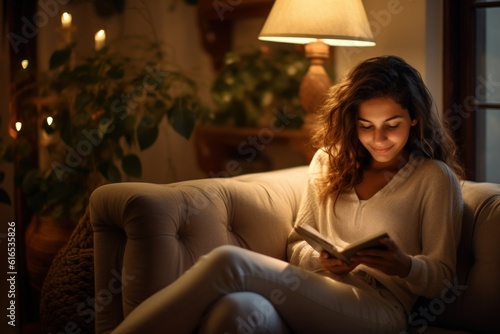 A fictional young woman enjoying the reading of a book on a couch in a cozy apartment. Generative AI illustration. photo