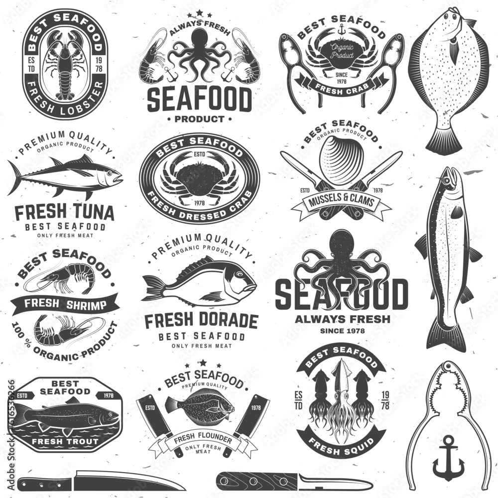 Set of best seafood badges. Fresh tuna, octopus, trout, shrimp, dressed crab, mussels and clams. Vector. For seafood emblem, sign, patch, shirt, menu restaurants with tuna, trout, shrimp, octopus