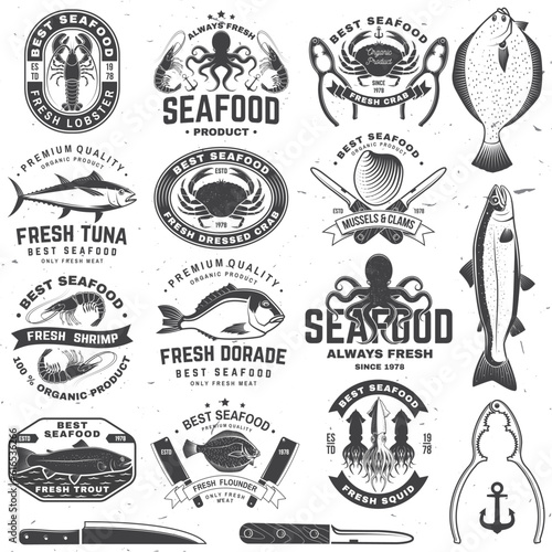 Set of best seafood badges. Fresh tuna, octopus, trout, shrimp, dressed crab, mussels and clams. Vector. For seafood emblem, sign, patch, shirt, menu restaurants with tuna, trout, shrimp, octopus