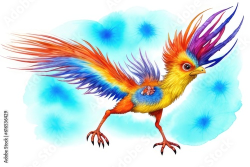 Watercolor imaginary a colorful bird  rainbow fur.