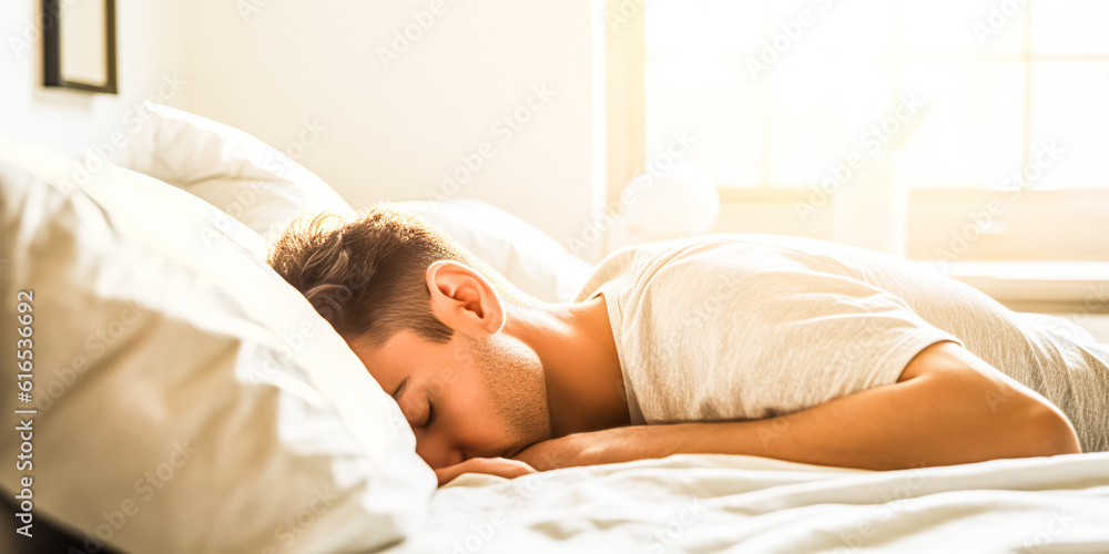 A handsome young man sleeping snugly on the bed in her bedroom in the morning, digital ai A handsome young man sleeping snugly on the bed in her bedroom in the morning, digital ai