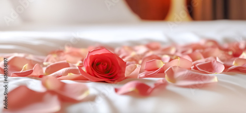 Rose on the bed in the hotel rooms. Rose and her petals on the bed for a romantic evening. honeymoon concept 