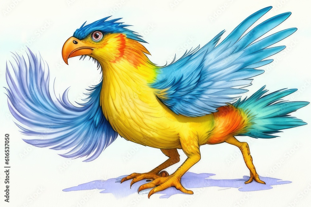 Naklejka premium Watercolor imaginary a colorful bird, rainbow fur.