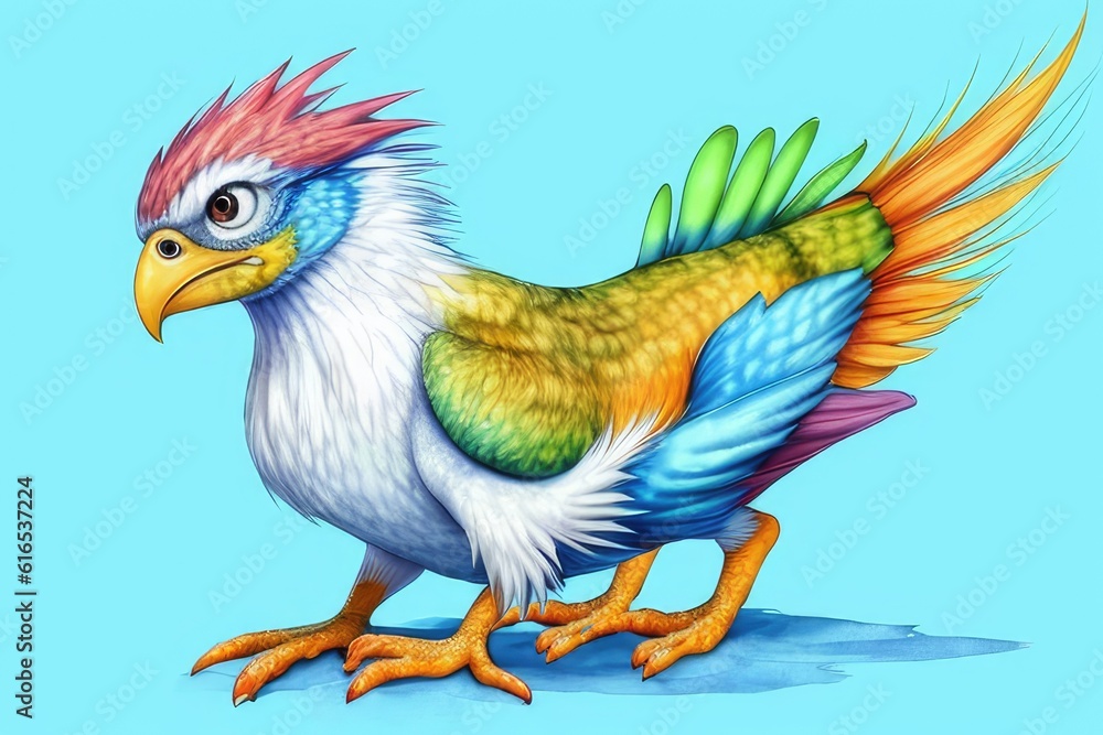 Fototapeta premium Watercolor imaginary a colorful bird, rainbow fur.