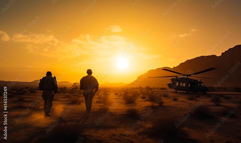 Soldiers walking by the desert at sunset. Military helicopter landed at backdrop. Generative AI.