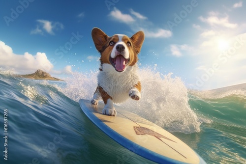Funny surfer dog has fun riding, Generative ai © dhiyaeddine
