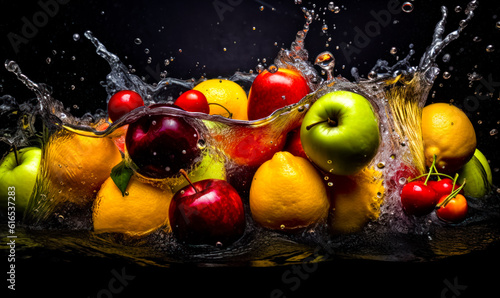 Fresh juicy fruit in the splashes of mineral water. Close up Black backdrop. Generative AI.