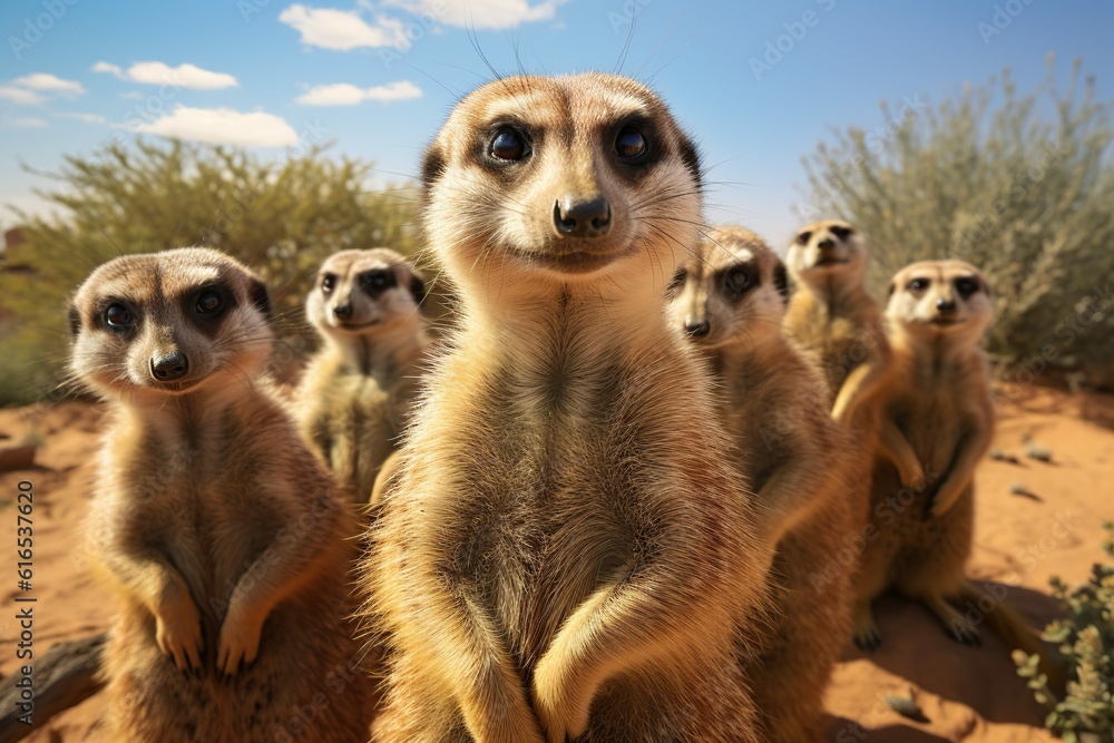 Group of meerkats standing upright and looking attentively at the camera, Generative ai Group of meerkats standing upright and looking attentively at the camera, Generative ai