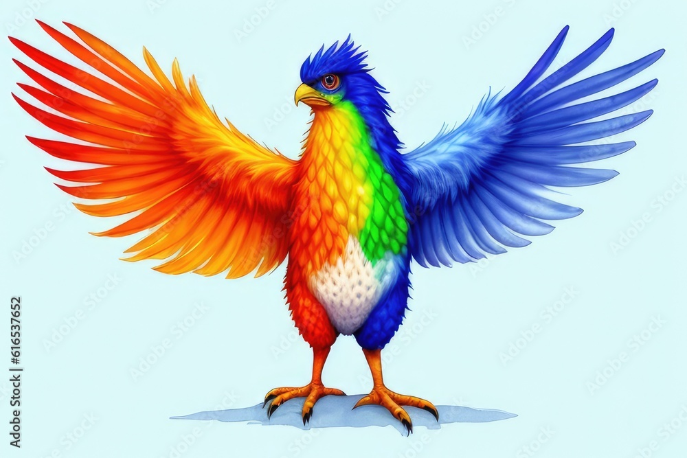 Fototapeta premium Watercolor imaginary a colorful bird, rainbow fur.